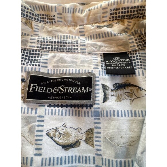Field & Stream Button Up Shirt XL Fish Print Short Sleeve Blue White 100% Cotton - Picture 3 of 6